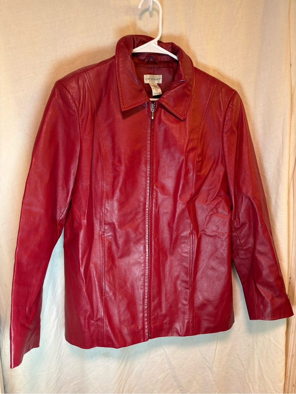 Vtg Kim Rogers Women's Red Genuine Leather Full Zip Collared Lined Jacket L